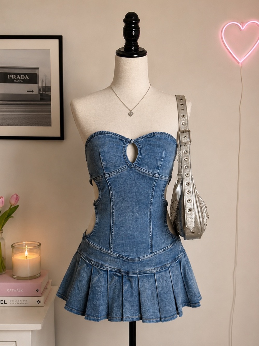 cute denim cutout drop waist pleated dress